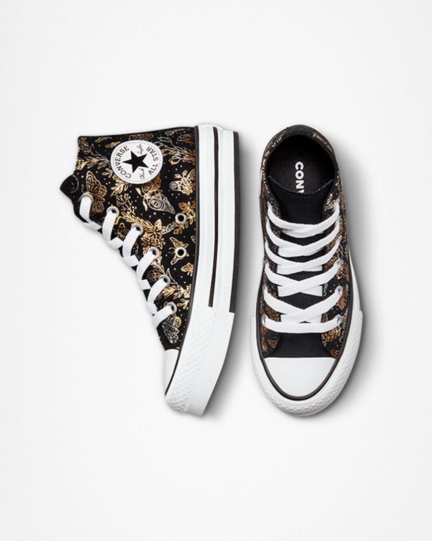 Girls' Converse Chuck Taylor All Star EVA Lift Butterfly Shine High Top Platform Shoes Black / Gold / White | AU C0935T